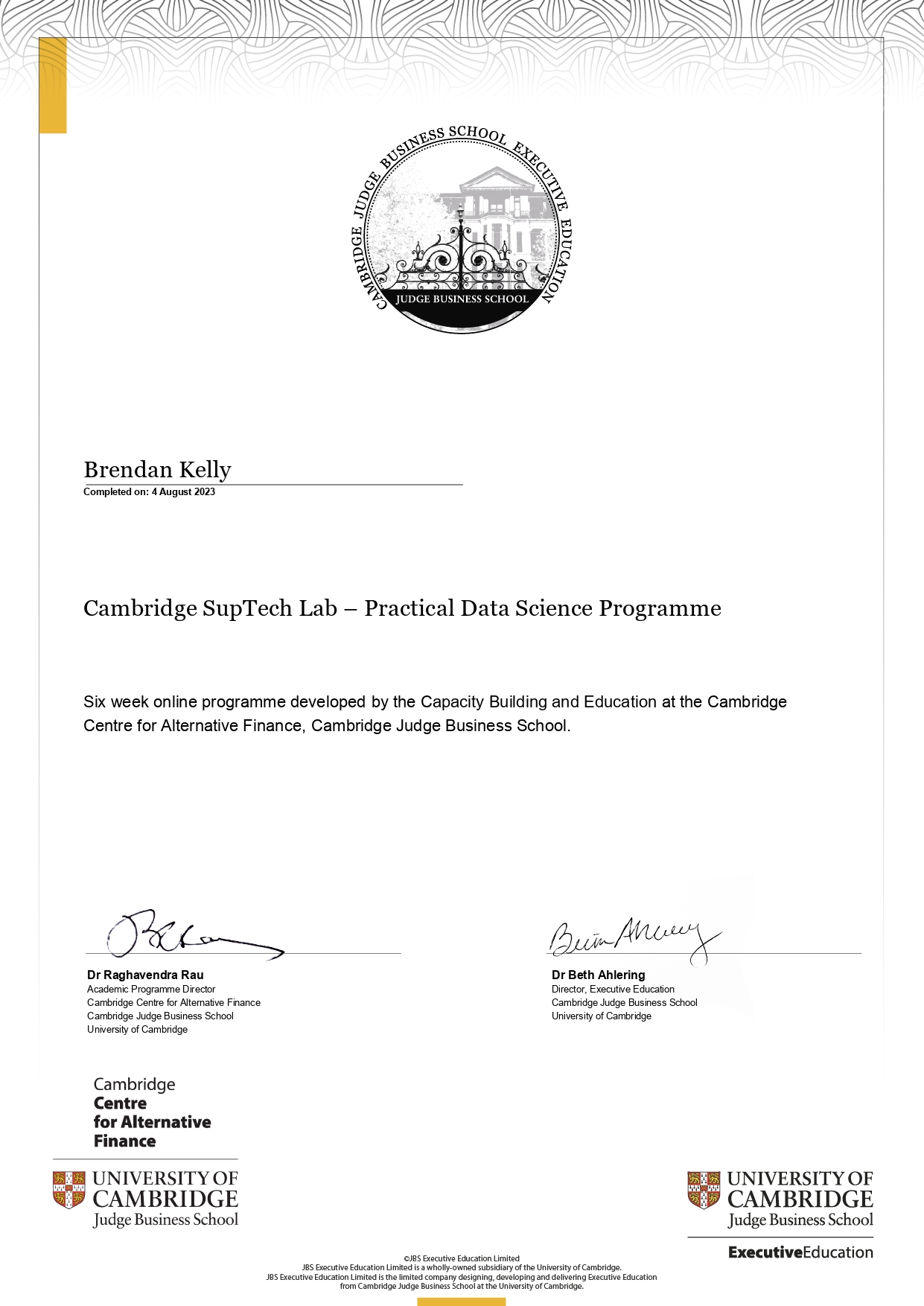 Sample certificate PDS